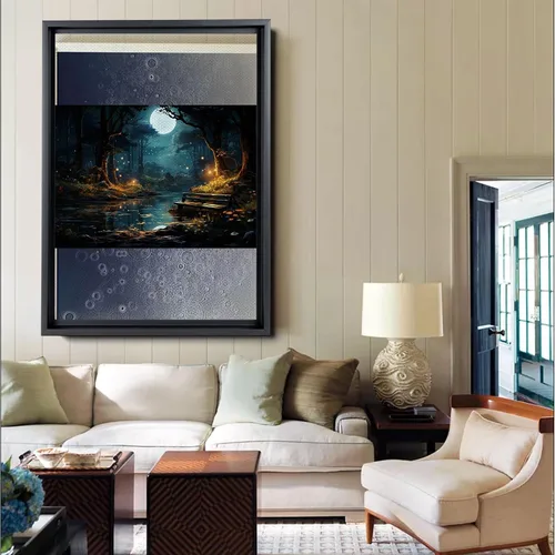 Vista 3 de Snow covered park at midnight with a full moon, watercolor nature art, framed canvas print, framed wall art