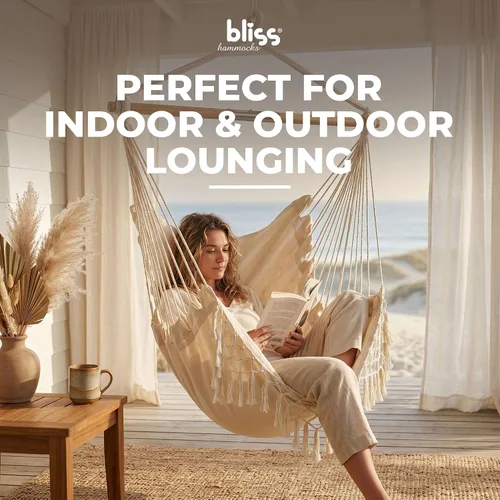 Vista 2 de Bliss Hammocks BHC-412FR - Silla hamaca con flecos de cuerda de isla de 40 pulgadas con herrrajes para colgar y barra separadora, para usar al aire