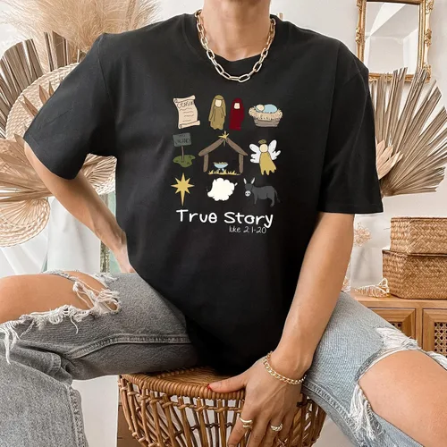 Vista 7 de True Story Nativity - Camiseta de Navidad de Jesús, basada en la fe, sudadera cristiana multicolor