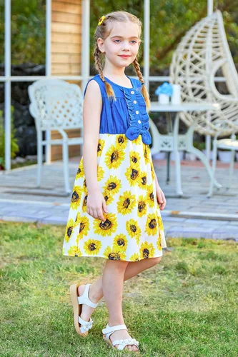 Vista 6 de Enlifety - Vestidos de princesas para niñas pequeñas, sin mangas, blusa de mezclilla y faldas de tutú con estampado floral, vestido de verano de una