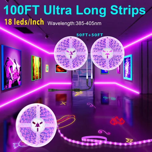 Vista 3 de Tira de luz LED negra de 100 pies con control remoto, adhesivo de luz negra de neón morado inteligente para fiesta brillante, luz UV para decoración