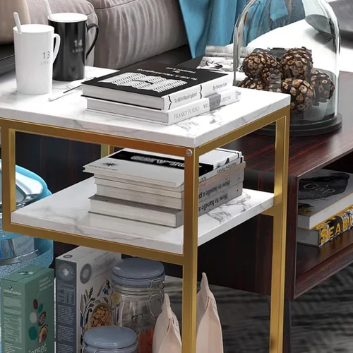 Vista 6 de Mesa de consola moderna para sofá con estantes, mesa de entrada, mesa auxiliar para espacios pequeños con marco de metal, mesa de almacenamiento