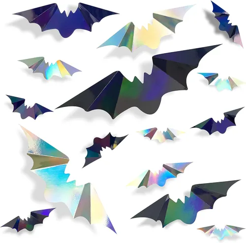 Vista 6 de 72 piezas de murciélagos para decoración de Halloween, murciélagos iridiscentes 3D, decoración de pared, papel holográfico negro y morado