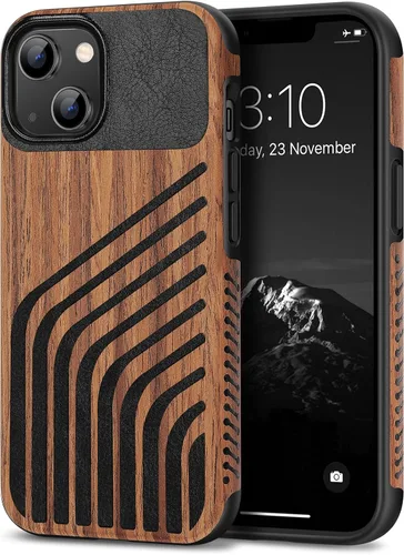 Vista 10 de TENDLIN Compatible con iPhone 13 mini - Funda de grano de madera con textura de fibra de carbono, funda híbrida de cuero compatible con iPhone 13