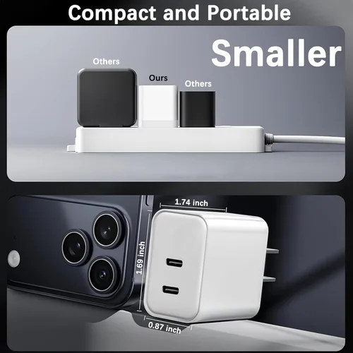 Vista 7 de Cargador de 40 W para iPhone 17 de carga rápida, paquete de 2 bloques de carga de pared USB C de doble puerto con cable USB C a USB C de 6 pies