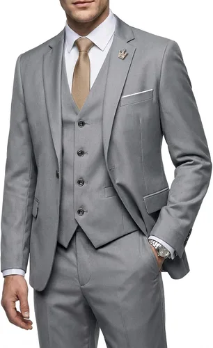 Vista 12 de MY'S Conjunto de traje de 3 piezas para hombre con corbata, chaqueta ajustada de un botón, chaleco y pantalones, blazer para fiestas, bodas, bailes