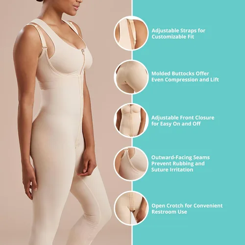 Vista 3 de Marena SFBHM Faja de compresión posquirúrgica de etapa 1 con espalda alta y cierre frontal – De longitud ajustable hasta mitad de pantorrilla Beige