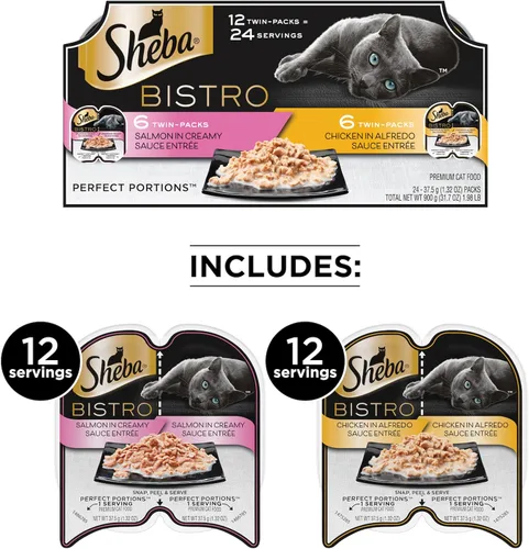 Vista 2 de Sheba Perfect PORTIONS Bistro - Bandejas de comida húmeda para gatos (12 unidades, 24 porciones), pollo en salsa Alfredo y salmón en salsa cremosa
