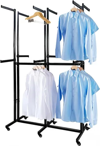 Vista 11 de Perchero de pie de metal para ropa - Estantes de exhibición resistentes para uso comercial con ruedas, perchero de ropa de 6 brazos, perchas