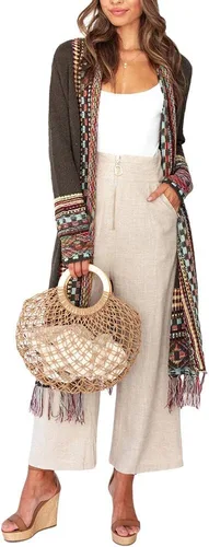 Vista 2 de Misassy Cárdigan largo bohemio con frente abierto para mujer, suéter suelto de manga larga con borlas bordadas, kimono, plumero para exteriores