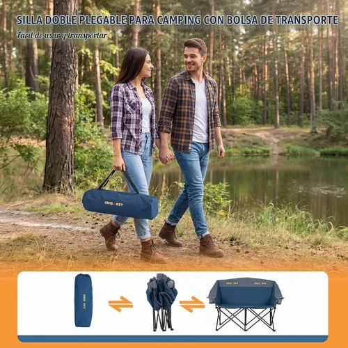 Vista 7 de Unisakey Silla de campamento doble, sofá biplaza acolchado de gran tamaño, silla plegable resistente de 650 libras con portavasos y bolsa de Azul