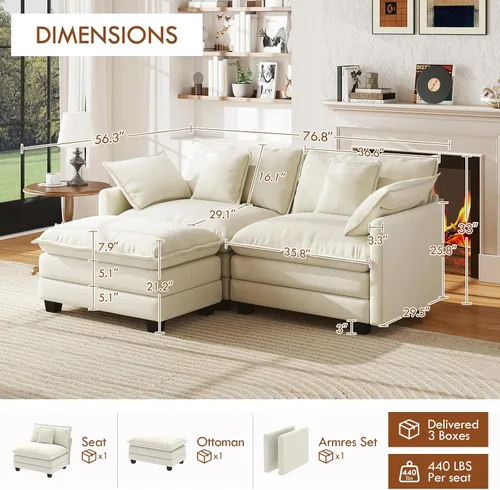 Vista 2 de Sofá de nube en forma de L de 77 pulgadas, sofá modular con otomana, cómodo sofá biplaza de felpilla con almohada para sala de estar, dormitorio