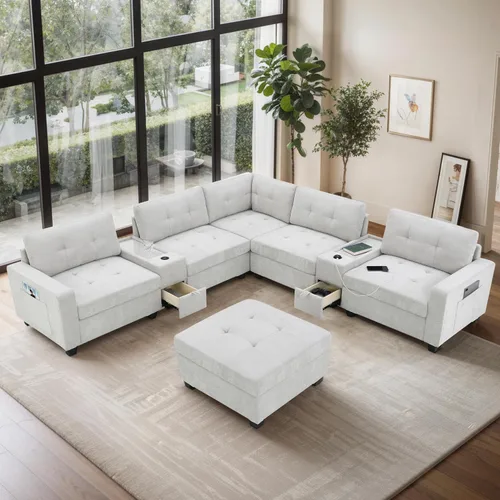 Vista 2 de Sofá modular de 103 pulgadas con 2 consolas acrílicas, juego de sofá en forma de U de gran tamaño con cargador USB, cajones de almacenamiento, Beige