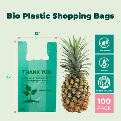 Vista 2 de FMP Brands Bolsas de plástico biodegradables ecológicas – 100 unidades con asas, bolsas de compras para camisetas de agradecimiento a granel