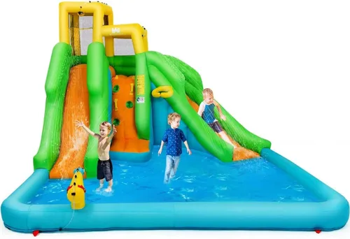 Vista 12 de Boundtech - Casa inflable para saltar, para usar en la alberca, con dos toboganes, pared de escalada, aro de baloncesto, alberca para sambullirse