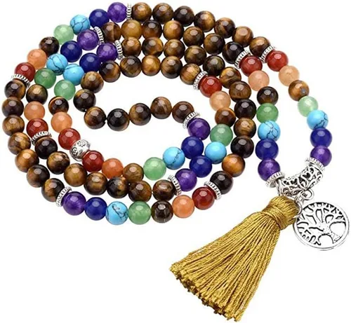 Vista 8 de Juego de 108 cuentas de Mala + pulsera de ojo de tigre de 0.315in, 7 chakras, árbol de la vida, yoga, meditación, piedras preciosas curativas reales