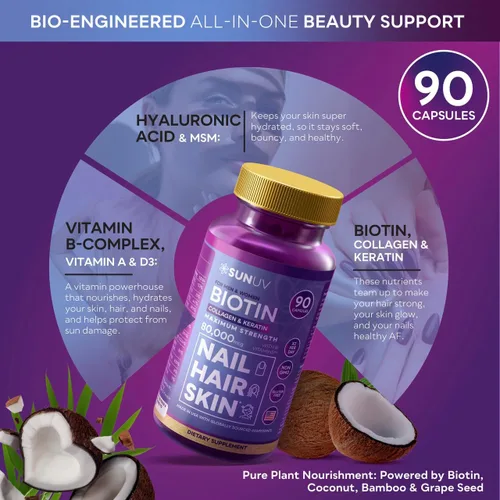 Vista 5 de SUNUV Biotina 10,000 mcg Colágeno Queratina - 80,000 mcg Vitaminas para el Crecimiento del Cabello para Mujeres y Hombres, Apoyo para la Piel