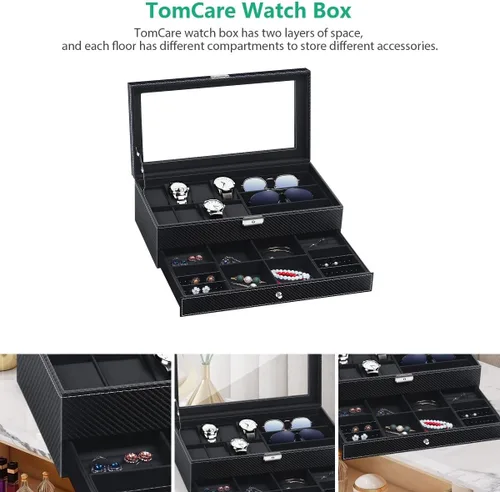 Vista 3 de TomCare Caja de reloj organizador de reloj con patrón de tejido joyero con cerradura con cajón soporte para gafas de sol aretes organizador de joyas
