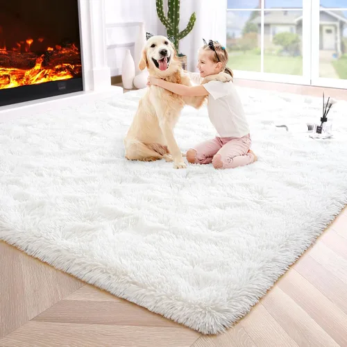 Vista 22 de Noahas Alfombras de Área Grandes y Esponjosas de 5x8 pies para Sala de Estar y Dormitorio, Alfombra Gruesa de Pelo Largo Beige y Blanca, Alfombra