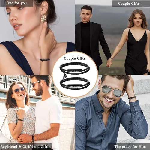 Vista 5 de Pulseras de pareja para mujeres, regalos para hombres, regalos de aniversario de nacimiento para novio, novia, joyería de Navidad de cuero grabada a