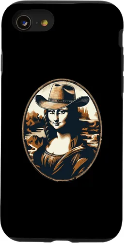 Vista 13 de Funda divertida para iPhone 15 Mona Lisa Cowgirl - Sombrero de vaquero Mona Lisa