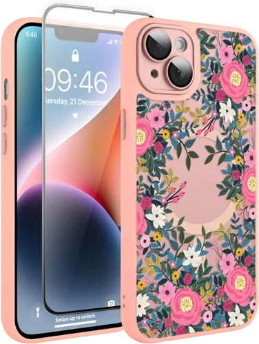 Vista 55 de Magnético para iPhone 13 con protector de pantalla [Compatible con MagSafe] Diseño de patrón floral de flores bonitas, funda delgada a prueba