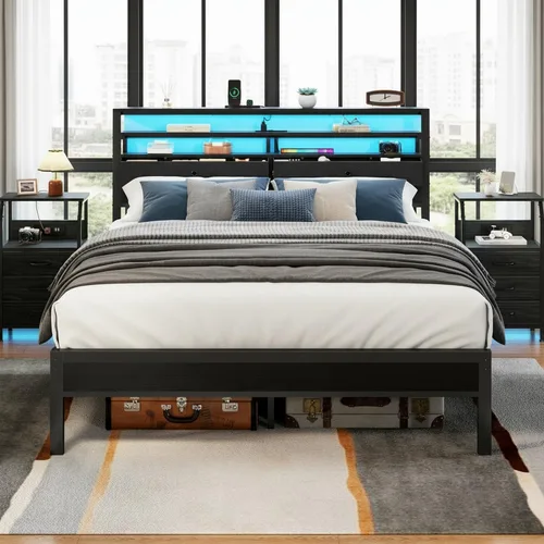 Vista 10 de Full Size Bed Frame with Headboard, 3-Tier Storage Shelves & 2 Fabric Drawers, Built-in Charging Station & RGB LED Lights, Metal Slat Support, No