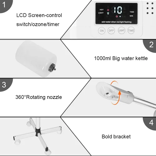 Vista 5 de Vaporizador facial con spray de niebla caliente, vaporizador esteticista para salón, spa y hogar, vaporizador facial de soporte sobre ruedas, taza
