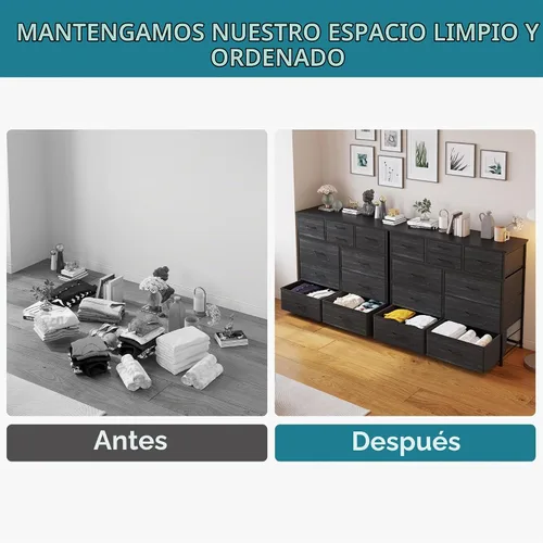 Vista 5 de LUMTOK - Cómoda de 10 cajones, cómodas de tela para dormitorio, pasillo, guardería, armarios, marco de acero, parte superior de madera, mango fácil