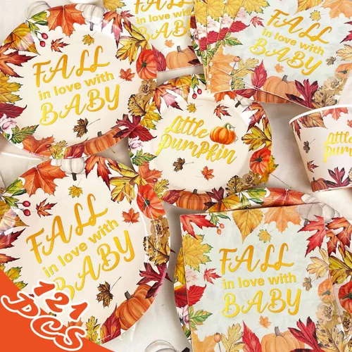Vista 4 de El juego de decoraciones de baby shower de calabaza pequeña sirve 30, platos y servilletas de baby shower con temática de otoño, baby shower