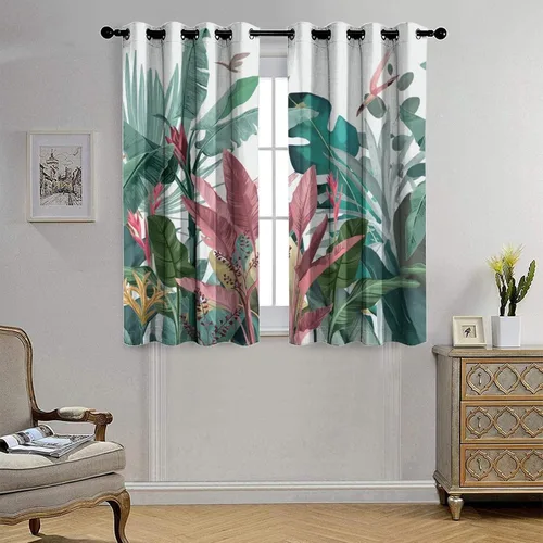 Vista 4 de Cortinas abstractas de hojas tropicales, acuarela tropical, hojas de palma, verano hawaiano, plátano, aislamiento térmico, cortinas completas