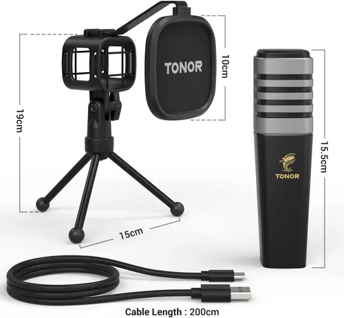 Vista 6 de TONOR - Micrófono USB para PC, Micrófono de condensador cardioide para computadora con trípode, filtro pop, soporte de choque