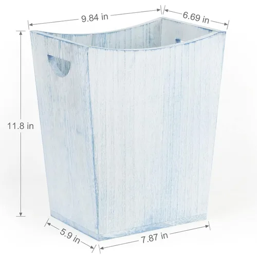 Vista 2 de BTY Cubo de basura de madera rústica para baño, contenedor de basura de madera para cocina, dormitorio, oficina, sala de estar, azul y blanco