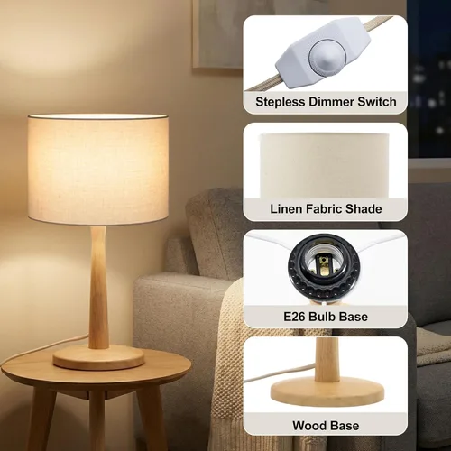 Vista 4 de Lámpara de mesa de madera natural maciza de 16.3 pulgadas con pantalla de tambor de lino para sala de estar, lámpara de mesita de noche regulable
