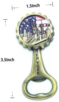 Vista 2 de Abridor de tapas de botellas con forma de bandera de Estados Unidos, recuerdo del horizonte de Nueva York, imán de metal para nevera (bronce)