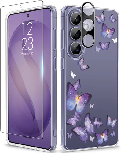 Vista 15 de GVIEWIN Funda protectora para Samsung Galaxy S25, transparente floral, delgada, a prueba de golpes, para mujer, no se pone amarilla, con protector
