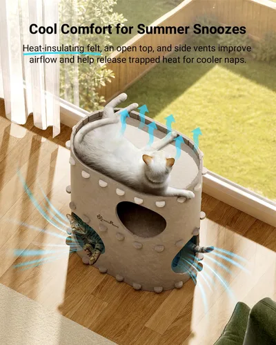Vista 4 de DownyPaws Casa para gatos de interior, cueva plegable de 2 pisos, cama tipo túnel de fieltro para gatos, cubo, escondite para multicats, resistente