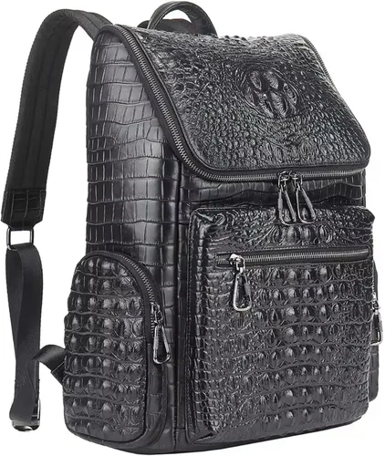Vista 7 de boshiho Mochila de cuero real para computadora portátil, bolsa de viaje de moda, mochila para hombres, patrón de cocodrilo (S)