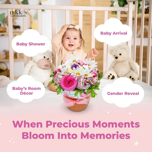Vista 6 de Ramo de flores de ropa para bebé niña Set de regalo para bebé recién nacida Cesta de regalo para futuras mamás y revelaciones de género Set