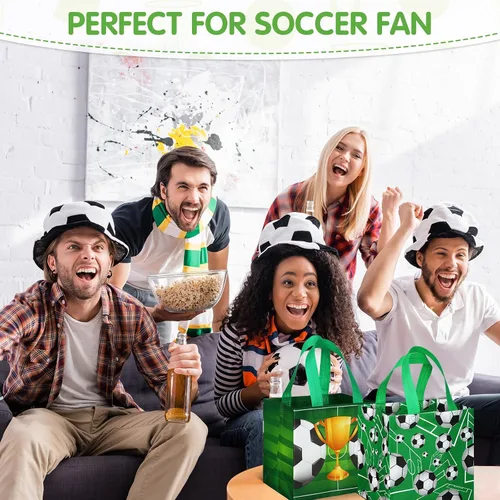Vista 5 de Kigeli 60 bolsas de golosinas de fútbol, bolsas de regalo de fiesta de fútbol, reutilizables, no tejidas, bolsas de dulces con asas para fiesta