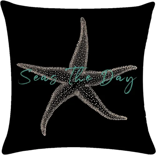 Vista 2 de 7COLORROOM Juego de 2 fundas de almohada con diseño de mar y estrellas de mar sobre fondo negro, fundas de cojín decorativas para el hogar, fundas