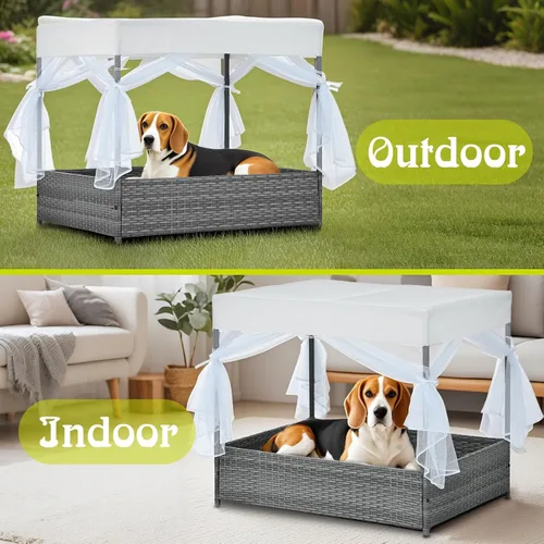 Vista 7 de Casa de mimbre para perros de 36 pulgadas, para interiores y exteriores, con toldo, resistente a la intemperie, cama de refugio para perros