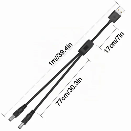 Vista 7 de 2 cables de alimentación USB a DC5521 de 5 V USB a DC5521 cable de carga divisor en Y, cable de carga de 5 V 2.5 A USB A macho a doble CC de 0.217 x
