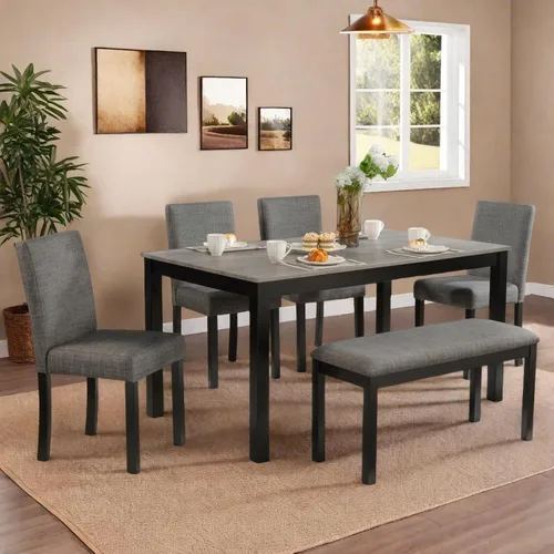 Vista 6 de Juego de mesa de comedor Trygoal para 5, juego moderno de 6 piezas para comedor con mesa rectangular, 4 sillas tapizadas con respaldo y un banco