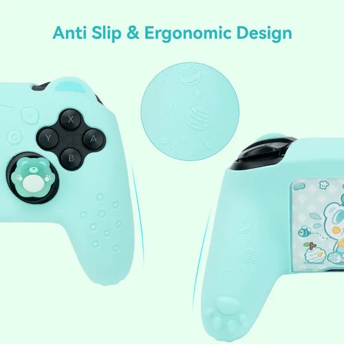 Vista 4 de GeekShare Funda protectora de silicona antideslizante para Nintendo Switch Pro Controller con 2 tapas de agarre para pulgar y 1 pegatina, color cian