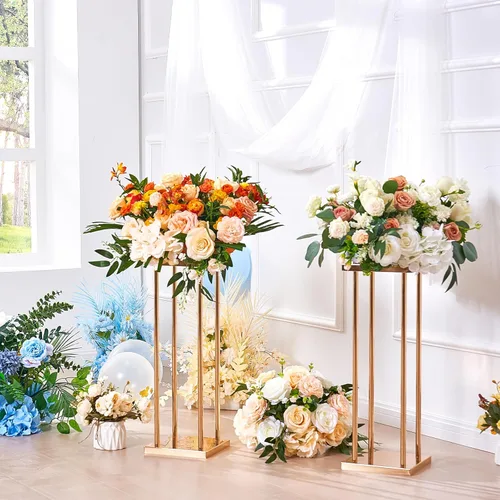 Vista 9 de VEVOR 4 soportes de flores de metal dorado para boda, 23.6 pulgadas de alto con laminado de metal, soportes geométricos de jarrón, estante
