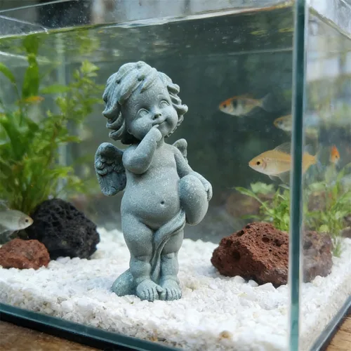 Vista 4 de livelyfish Estatua de ángel guardián, pequeña figura de querubín rezando, alas de arenisca, escultura de ángel para acuario, hogar, decoración