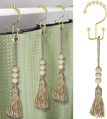 Vista 11 de Ganchos bohemios para cortina de ducha, anillos para decoración de baño, 12 piezas náuticas decorativas de acero inoxidable negro, resistentes a