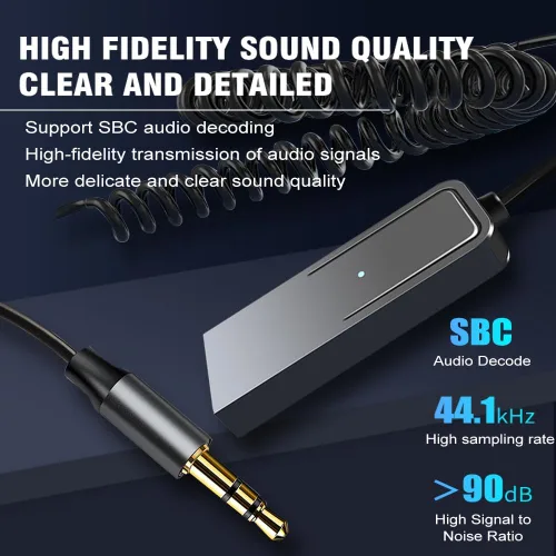 Vista 4 de Adaptador auxiliar Bluetooth Bluetooth 5.3 para automóvil, adaptador auxiliar Bluetooth 5.3 con conector de audio de 0.138 in con entrada