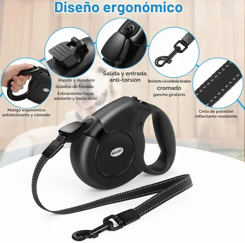 Vista 2 de Correa retráctil para perros de hasta 99 libras sin enredos de 360° Negro